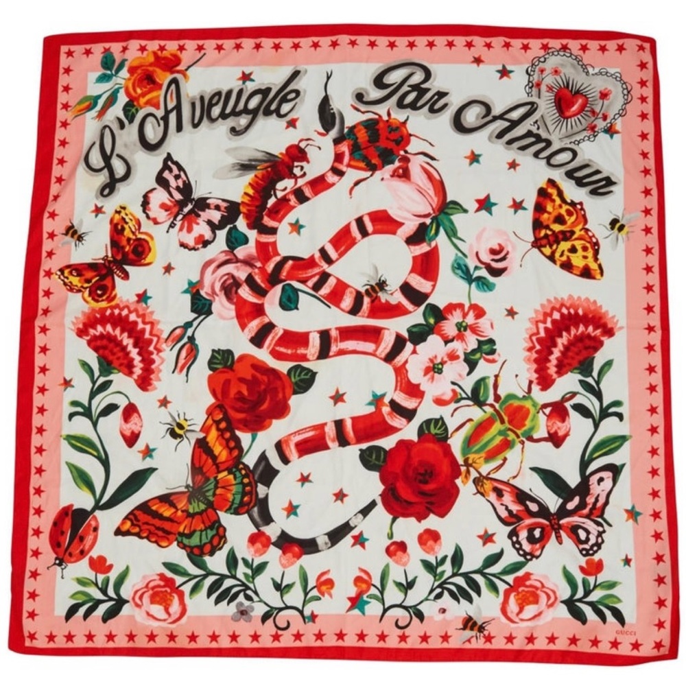 Gucci "L'aveugle Par Amour" Snakes And Flowers Silk Scarf new